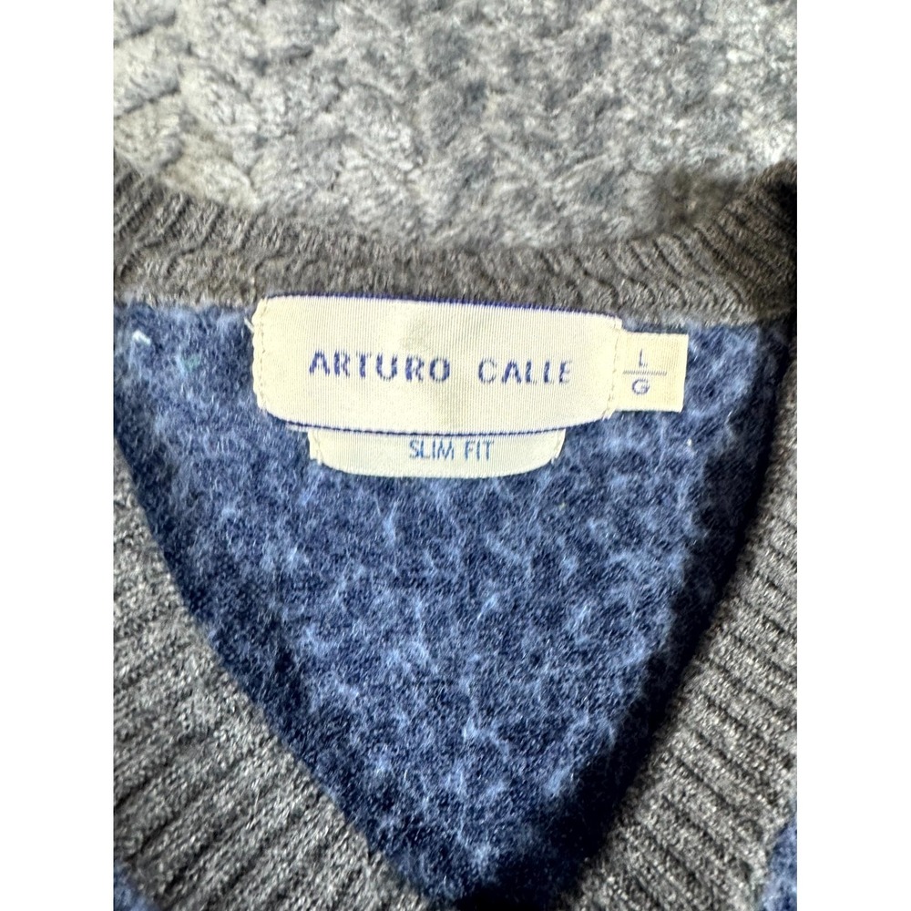 Arturo Calle Sweater Men Large Blue Gray Merino Wool Chunky Knit Slim Fit V Neck - Picture 5 of 7
